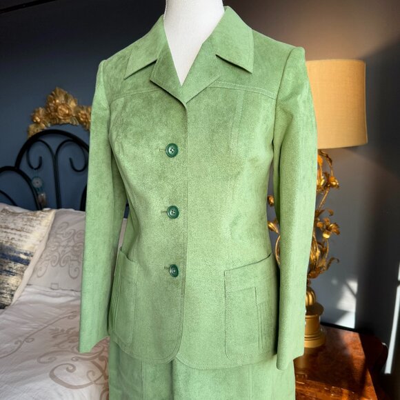 Vintage Custom Made Lime Green Suede Skirt Suit Set - Picture 4 of 16